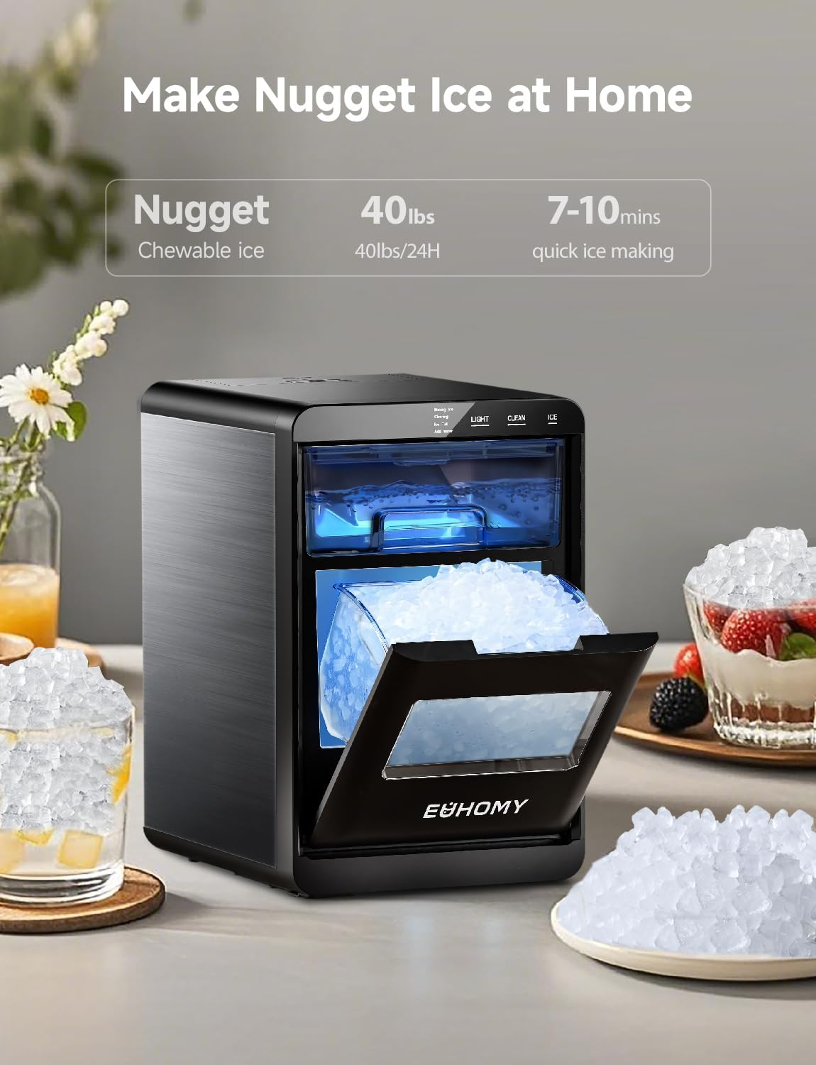 Countertop Nugget Ice Maker, 40Lbs/24H Pebble Ice Machine, Self-Cleaning Sonic Ice Maker with Ice Scoop & Basket for Home Kitchen Office