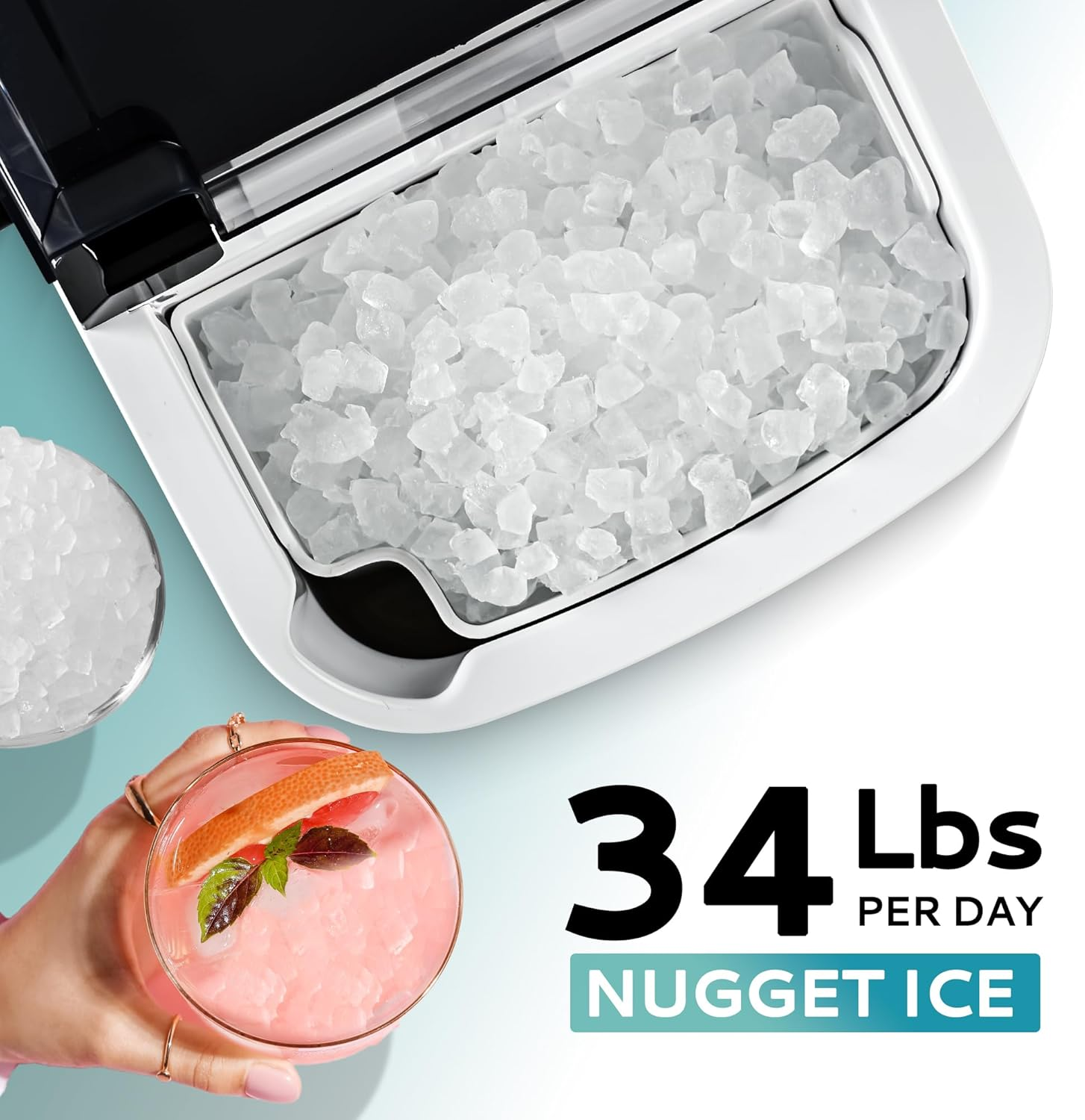 Countertop Nugget Ice Maker | 34lbs/Day, Auto-Cleaning with Scoop & Basket
