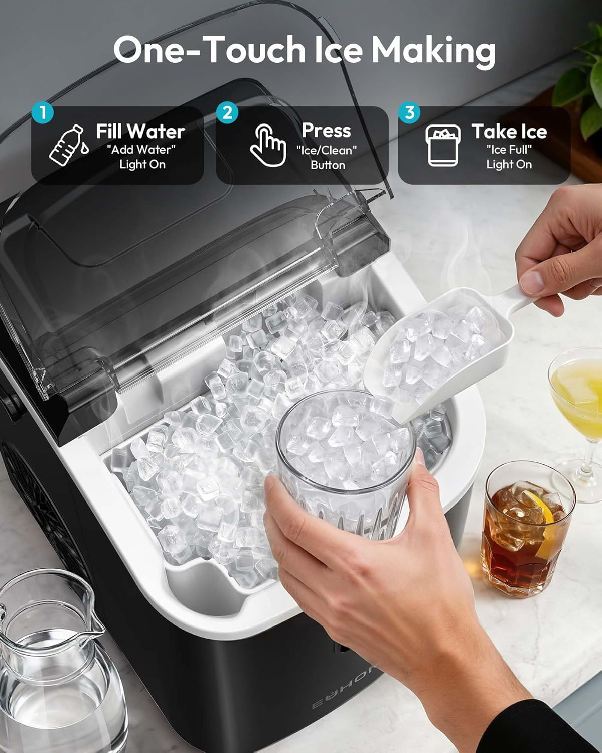 Portable Countertop Nugget Ice Maker with Handle | 6-Min Fast Ice, 34lbs/Day, Self-Cleaning, Removable Top Cover, Ice Scoop & Basket for Home/Party/RV/Camping