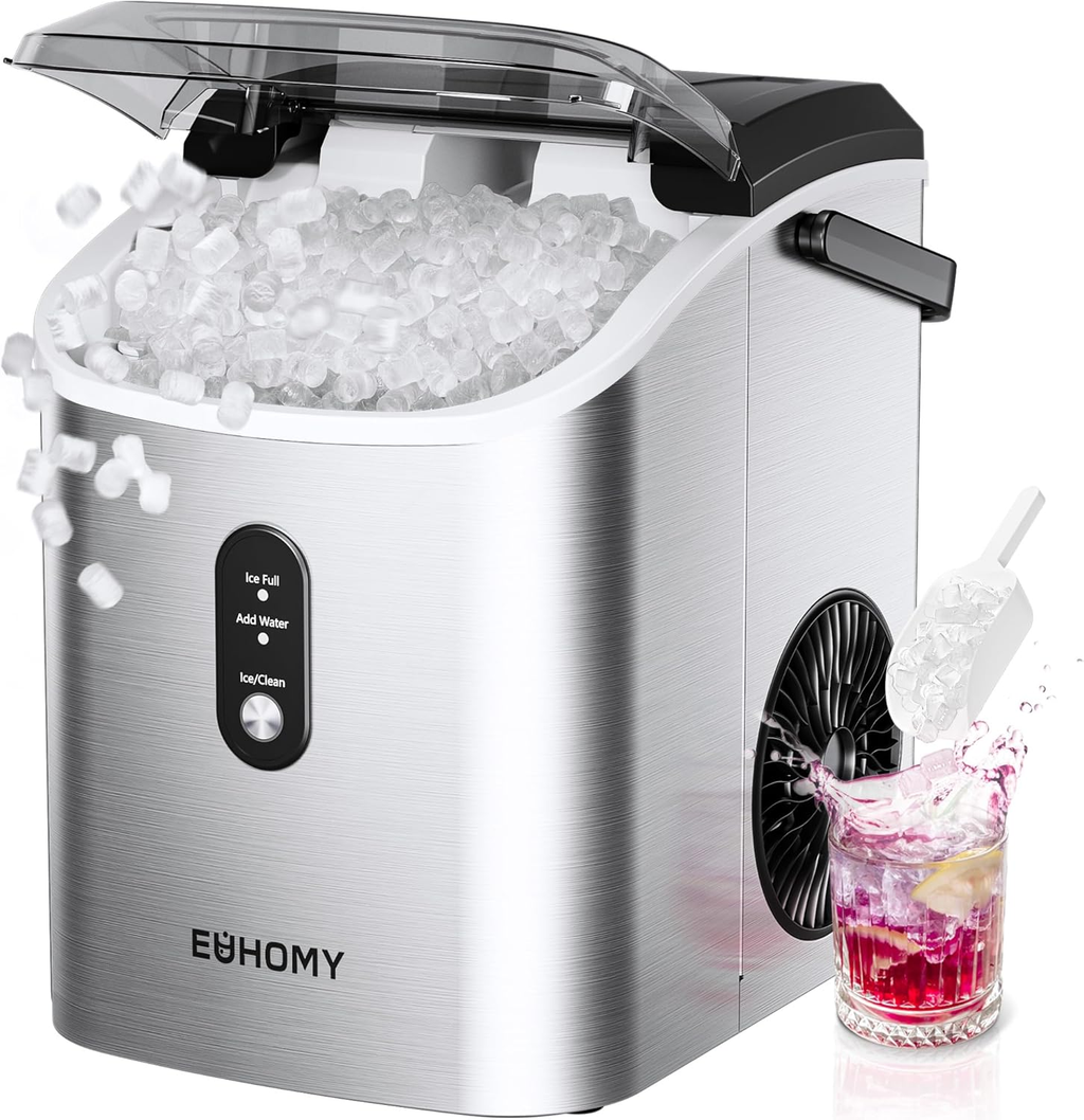 Silver Portable Countertop Nugget Ice Maker with Handle | 6-Min Fast Ice, 34lbs/Day, Auto-Cleaning, Removable Top Cover, Ice Scoop & Basket for Home/Party/RV/Camping