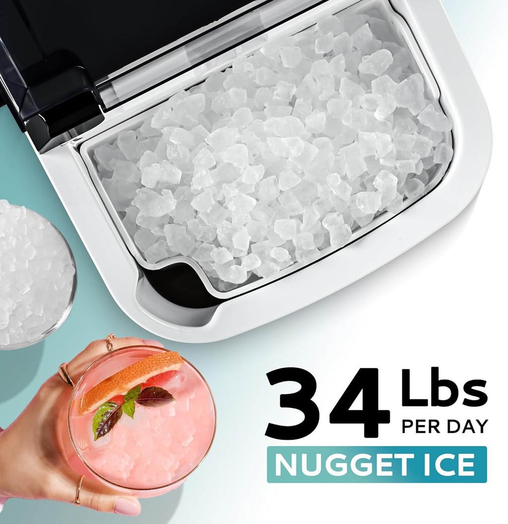 Silver Portable Countertop Nugget Ice Maker with Handle | 6-Min Fast Ice, 34lbs/Day, Auto-Cleaning, Removable Top Cover, Ice Scoop & Basket for Home/Party/RV/Camping