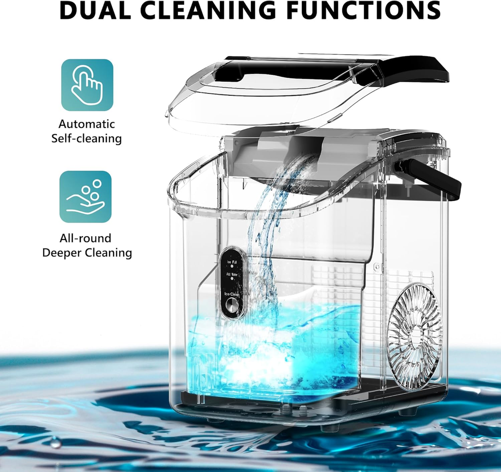 Silver Portable Countertop Nugget Ice Maker with Handle | 6-Min Fast Ice, 34lbs/Day, Auto-Cleaning, Removable Top Cover, Ice Scoop & Basket for Home/Party/RV/Camping