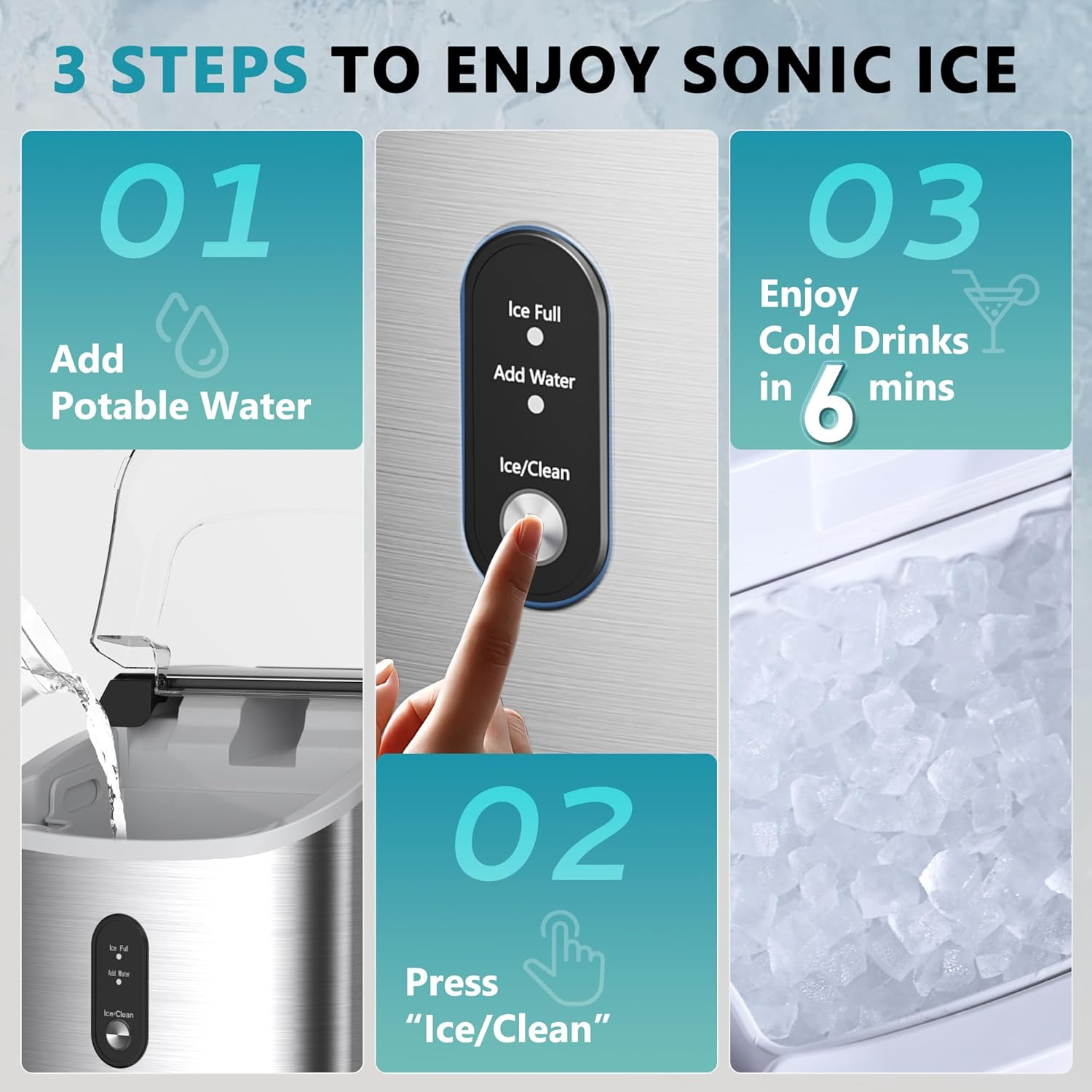 Silver Portable Countertop Nugget Ice Maker with Handle | 6-Min Fast Ice, 34lbs/Day, Auto-Cleaning, Removable Top Cover, Ice Scoop & Basket for Home/Party/RV/Camping