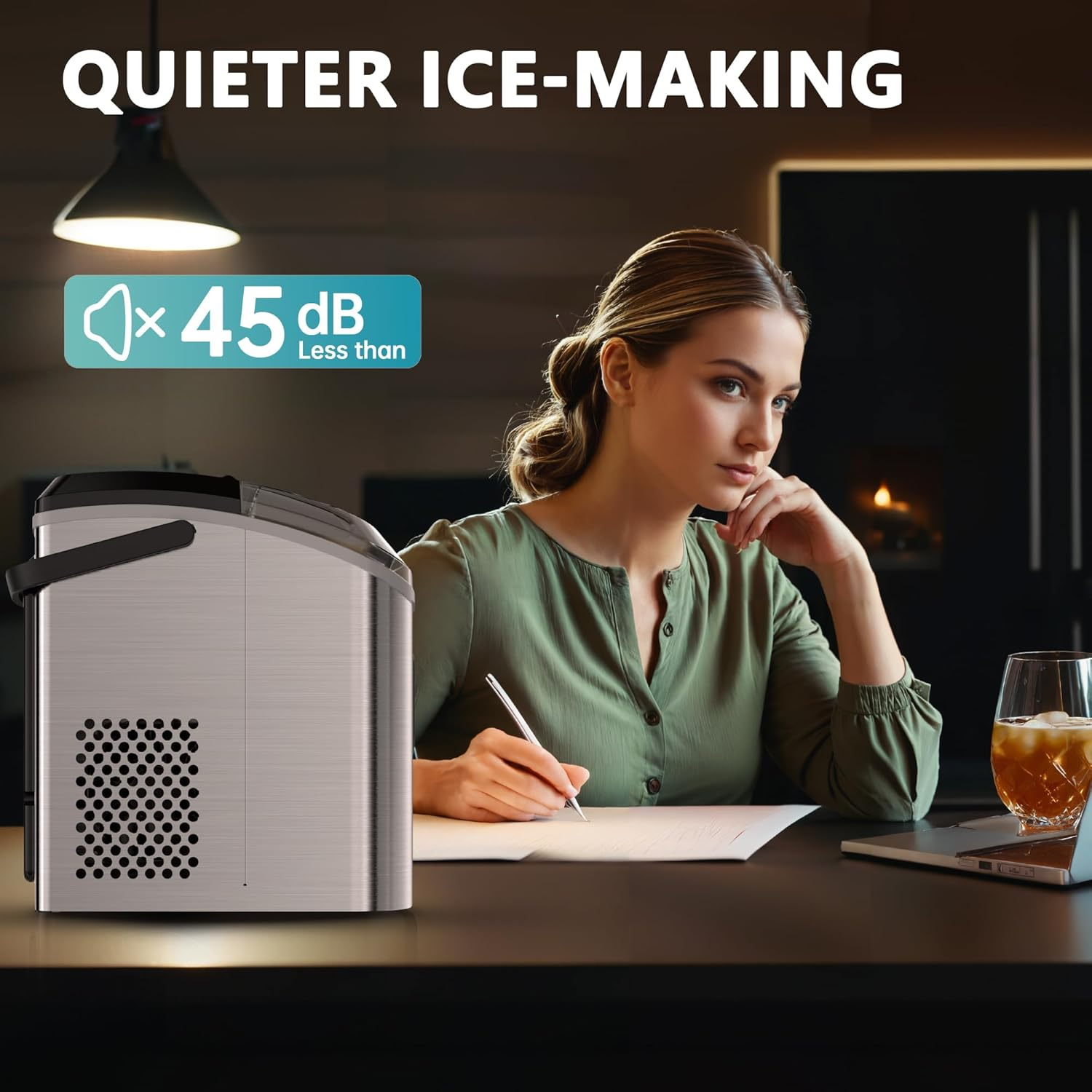 Silver Portable Countertop Nugget Ice Maker with Handle | 6-Min Fast Ice, 34lbs/Day, Auto-Cleaning, Removable Top Cover, Ice Scoop & Basket for Home/Party/RV/Camping